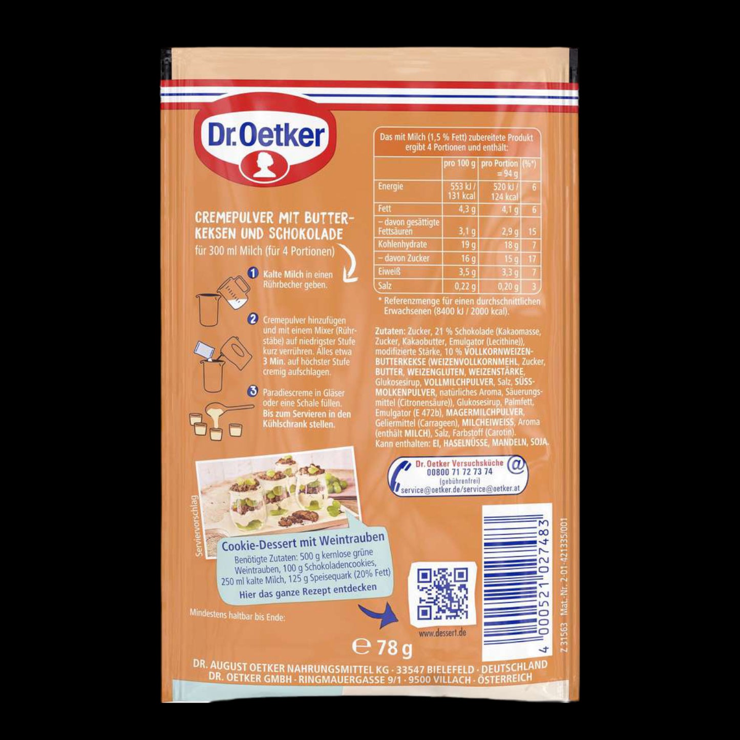 Dr. Oetker Paradies Creme Soft'n Crisp Cookies & Creme mit Schokostückchen & Cookies 78g