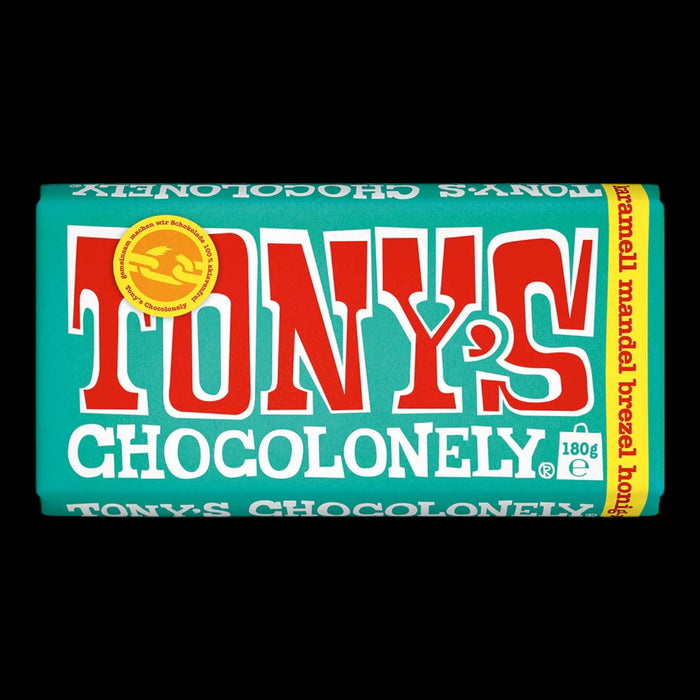 Tony's Chocolonely Vollmilchschokolade Karamell Mandel Brezel Honig-Mandel-Nougat Meersalz 180g