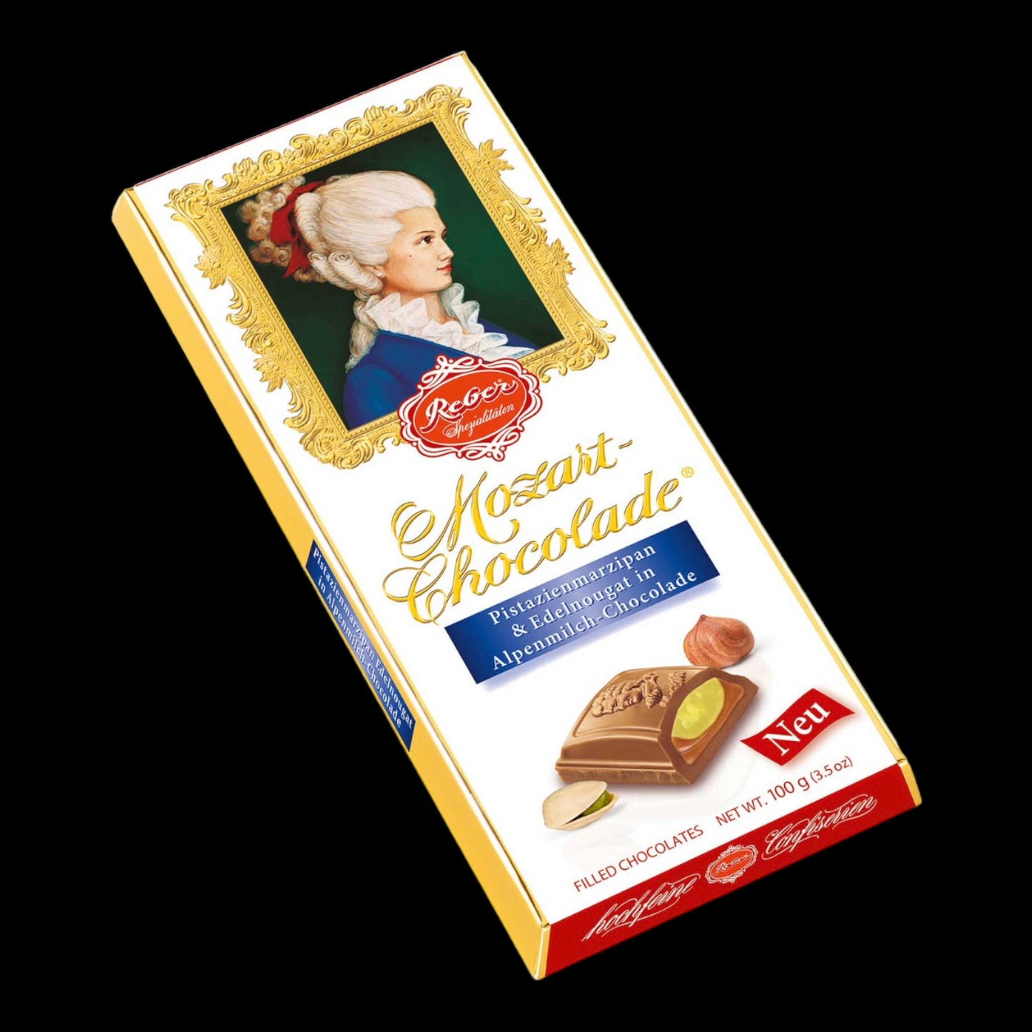 Reber Mozart-Chocolade Pistazienmarzipan & Edelnougat in Alpenmilch-Chocolade 100g