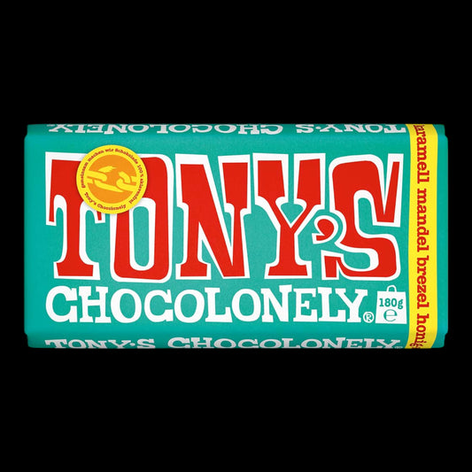 Tony's Chocolonely Vollmilchschokolade Karamell Mandel Brezel Honig-Mandel-Nougat Meersalz 180g